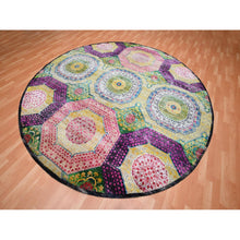 Load image into Gallery viewer, 9&#39;10&quot;x9&#39;10&quot; Golden Yellow, Colorful Mamluk Design, Hand Knotted, Sari Silk with Textured Wool, Round, Oriental Rug FWR454362