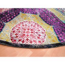 Load image into Gallery viewer, 9&#39;10&quot;x9&#39;10&quot; Golden Yellow, Colorful Mamluk Design, Hand Knotted, Sari Silk with Textured Wool, Round, Oriental Rug FWR454362