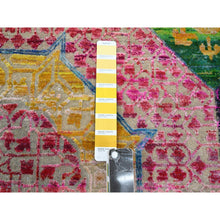 Load image into Gallery viewer, 9&#39;10&quot;x9&#39;10&quot; Golden Yellow, Colorful Mamluk Design, Hand Knotted, Sari Silk with Textured Wool, Round, Oriental Rug FWR454362