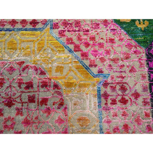 9'10"x9'10" Golden Yellow, Colorful Mamluk Design, Hand Knotted, Sari Silk with Textured Wool, Round, Oriental Rug FWR454362