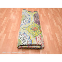 Load image into Gallery viewer, 9&#39;10&quot;x9&#39;10&quot; Golden Yellow, Colorful Mamluk Design, Hand Knotted, Sari Silk with Textured Wool, Round, Oriental Rug FWR454362