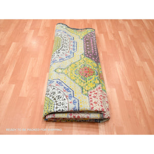 9'10"x9'10" Golden Yellow, Colorful Mamluk Design, Hand Knotted, Sari Silk with Textured Wool, Round, Oriental Rug FWR454362