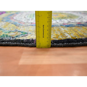 9'10"x9'10" Golden Yellow, Colorful Mamluk Design, Hand Knotted, Sari Silk with Textured Wool, Round, Oriental Rug FWR454362