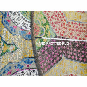 9'10"x9'10" Golden Yellow, Colorful Mamluk Design, Hand Knotted, Sari Silk with Textured Wool, Round, Oriental Rug FWR454362