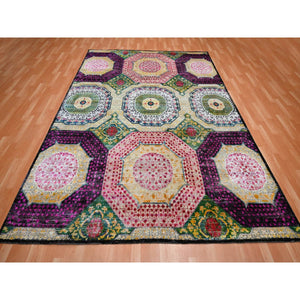 8'x10'2" Lemon Yellow, Colorful Mamluk Design, Hand Knotted, Sari Silk with Textured Wool, Oriental Rug FWR454374
