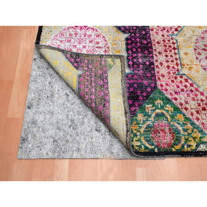 8'x10'2" Lemon Yellow, Colorful Mamluk Design, Hand Knotted, Sari Silk with Textured Wool, Oriental Rug FWR454374