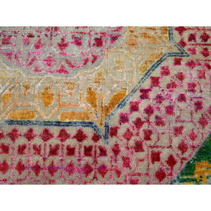 8'x10'2" Lemon Yellow, Colorful Mamluk Design, Hand Knotted, Sari Silk with Textured Wool, Oriental Rug FWR454374