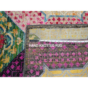 8'x10'2" Lemon Yellow, Colorful Mamluk Design, Hand Knotted, Sari Silk with Textured Wool, Oriental Rug FWR454374