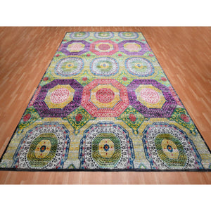 10'x14'1" Mimosa Yellow, Colorful Mamluk Design, Sari Silk with Textured Wool, Hand Knotted, Oriental Rug FWR454380