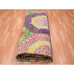 10'x14'1" Mimosa Yellow, Colorful Mamluk Design, Sari Silk with Textured Wool, Hand Knotted, Oriental Rug FWR454380