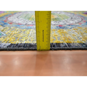 10'x14'1" Mimosa Yellow, Colorful Mamluk Design, Sari Silk with Textured Wool, Hand Knotted, Oriental Rug FWR454380