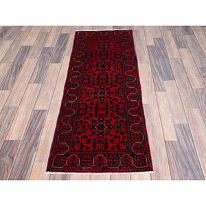 1'8"x4'9" Carmine Red, Afghan Khamyab With Geometric Pattern, Hand Knotted, Soft And Velvety Wool, Vegetable Dyes, Short And Narrow Runner, Oriental Rug FWR4542