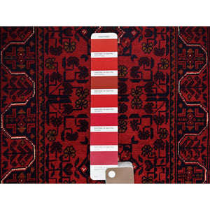 1'8"x4'9" Carmine Red, Afghan Khamyab With Geometric Pattern, Hand Knotted, Soft And Velvety Wool, Vegetable Dyes, Short And Narrow Runner, Oriental Rug FWR4542