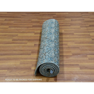 2'6"x8' Flickr Blue, Shiny Wool, Tone On Tone, Diamond Shape Repetitive Design, Hand Knotted Kohinoor Herat, Borderless Runner Oriental Rug FWR456054