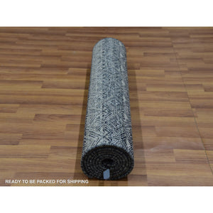 2'7"x8' Outer Space Gray, Soft To The Touch Shiny And Soft Wool, Hand Knotted, Kohinoor Herat With Small Geometric Repetitive Design, Runner Oriental Rug FWR456120