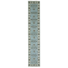 Load image into Gallery viewer, 2&#39;6&quot;x14&#39; Reverie Blue With Casabianca White Border, Hand Knotted, Soft and Shiny Wool, Natural Dyes, Agra Shah Abbas With Flower Pattern and Leafy Vein, Densely Woven, Runner Oriental Rug FWR456198