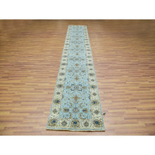 Load image into Gallery viewer, 2&#39;6&quot;x14&#39; Reverie Blue With Casabianca White Border, Hand Knotted, Soft and Shiny Wool, Natural Dyes, Agra Shah Abbas With Flower Pattern and Leafy Vein, Densely Woven, Runner Oriental Rug FWR456198