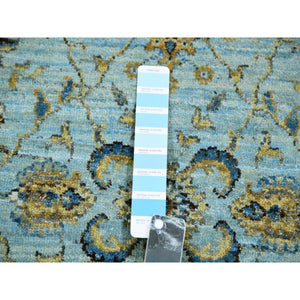 2'6"x14' Reverie Blue With Casabianca White Border, Hand Knotted, Soft and Shiny Wool, Natural Dyes, Agra Shah Abbas With Flower Pattern and Leafy Vein, Densely Woven, Runner Oriental Rug FWR456198