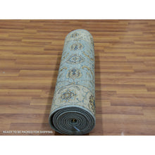 Load image into Gallery viewer, 2&#39;6&quot;x14&#39; Reverie Blue With Casabianca White Border, Hand Knotted, Soft and Shiny Wool, Natural Dyes, Agra Shah Abbas With Flower Pattern and Leafy Vein, Densely Woven, Runner Oriental Rug FWR456198