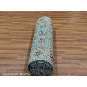 2'6"x14' Reverie Blue With Casabianca White Border, Hand Knotted, Soft and Shiny Wool, Natural Dyes, Agra Shah Abbas With Flower Pattern and Leafy Vein, Densely Woven, Runner Oriental Rug FWR456198