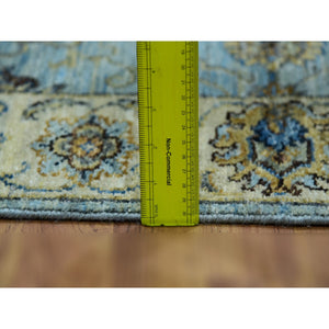 2'6"x14' Reverie Blue With Casabianca White Border, Hand Knotted, Soft and Shiny Wool, Natural Dyes, Agra Shah Abbas With Flower Pattern and Leafy Vein, Densely Woven, Runner Oriental Rug FWR456198