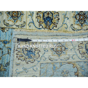 2'6"x14' Reverie Blue With Casabianca White Border, Hand Knotted, Soft and Shiny Wool, Natural Dyes, Agra Shah Abbas With Flower Pattern and Leafy Vein, Densely Woven, Runner Oriental Rug FWR456198