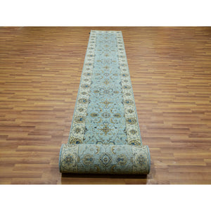 2'6"x25'8" Cerulean Blue, Hand Knotted Natural Dyes, Pure Wool, Denser Weave, Shah Abbas Xl Runner With Floral Design, Agra Oriental Rug FWR456222