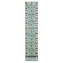 Load image into Gallery viewer, 2&#39;8&quot;x29&#39;9&quot; Shades of Blue With Cornsilk White, Shiny Wool, Hand Knotted Vegetable Dyes, Shah Abbas Agra Floral Motifs, Densely Woven XL Runner Oriental Rug FWR456234