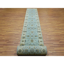 Load image into Gallery viewer, 2&#39;8&quot;x29&#39;9&quot; Shades Of Blue With Cornsilk White, Shiny Wool, Hand Knotted Vegetable Dyes, Shah Abbas Agra Floral Motifs, Densely Woven Xl Runner Oriental Rug FWR456234