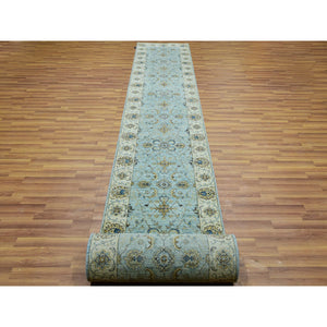 2'8"x29'9" Shades of Blue With Cornsilk White, Shiny Wool, Hand Knotted Vegetable Dyes, Shah Abbas Agra Floral Motifs, Densely Woven XL Runner Oriental Rug FWR456234
