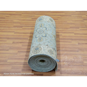 2'8"x29'9" Shades of Blue With Cornsilk White, Shiny Wool, Hand Knotted Vegetable Dyes, Shah Abbas Agra Floral Motifs, Densely Woven XL Runner Oriental Rug FWR456234