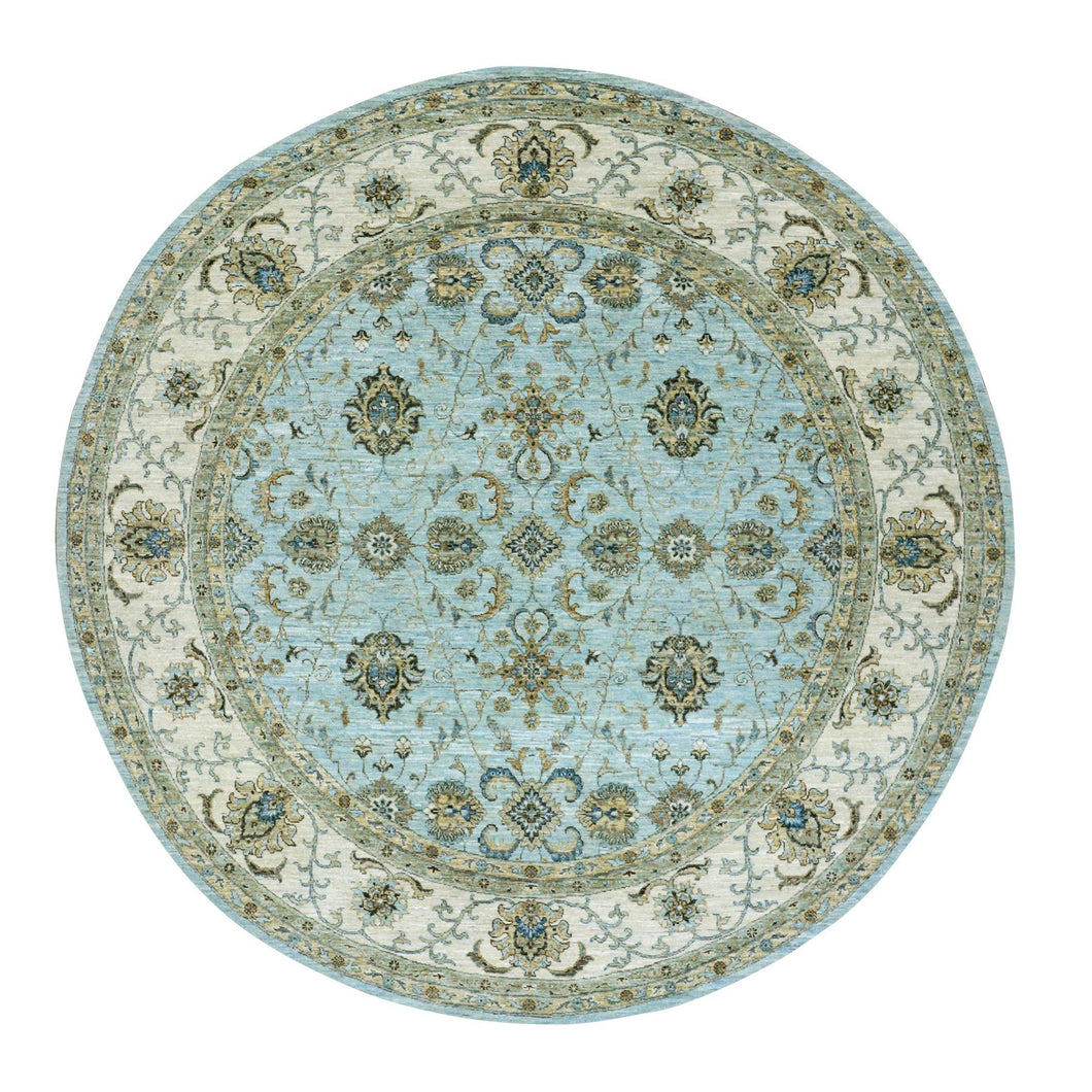 9'x9' Uranian Blue and Linen White Border, Hand Knotted, Agra, Shah Abbas With Flower Design, Soft and Velvety Wool, Vegetable Dyes, Round Oriental Rug FWR456246