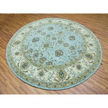 Load image into Gallery viewer, 9&#39;x9&#39; Uranian Blue and Linen White Border, Hand Knotted, Agra, Shah Abbas With Flower Design, Soft and Velvety Wool, Vegetable Dyes, Round Oriental Rug FWR456246