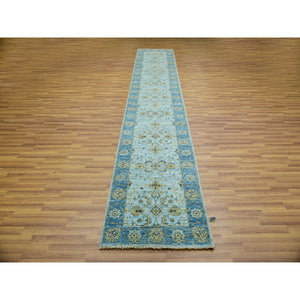 2'6"x14' Arctic Blue, Organic Wool, Hand Knotted, Vegetable Dyes Denser Weave, Agra, Shah Abbas Floral Design, Runner Oriental Rug FWR456300