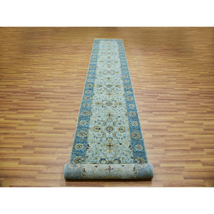 2'9"x16'1" Cruise With True Blue Border, 100% Wool, Hand Knotted, Natural Dyes Denser Weave, Agra, Shah Abbas XL Runner With Floral Pattern, Oriental Rug FWR456306