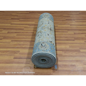 2'9"x16'1" Cruise With True Blue Border, 100% Wool, Hand Knotted, Natural Dyes Denser Weave, Agra, Shah Abbas XL Runner With Floral Pattern, Oriental Rug FWR456306