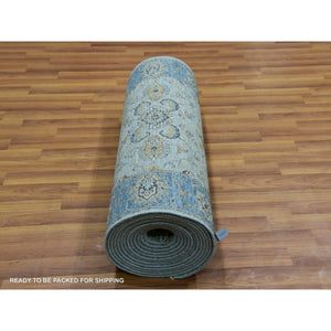 2'8"x29'10" Celeste Blue, High Quality Wool, Natural Dyes, Shah Abbas Floral Vein Design, Hand Knotted, XL Runner Oriental Agra Rug FWR456324