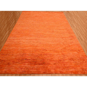 9'x12' Vivid Orange, Soft Pile, Lush and Plush, Hand Knotted, Plain Solid Design, Pure Sari Silk, Oriental Rug FWR456414