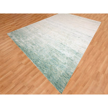 Load image into Gallery viewer, 9&#39;x12&#39;3&quot; Light Green With Ivory, Plain Solid Design, Pure Sari Silk, Hand Knotted, Soft To The Touch, Oriental Rug FWR456420