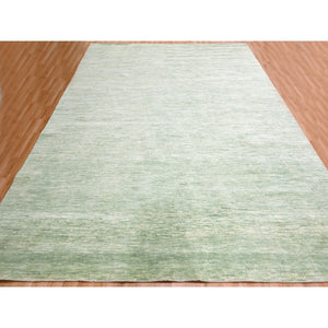 9'4"x12'4" Mist Green, Modern Plain Design, Borderless, Pure Wool, Hand Knotted, Oriental Rug FWR456480