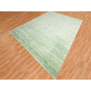 9'4"x12'4" Mist Green, Modern Plain Design, Borderless, Pure Wool, Hand Knotted, Oriental Rug FWR456480