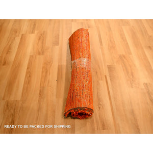 2'x3' Tangelo Orange, Plain Solid Design, Hand Knotted, Sample, Strike Off, Pure Sari Silk, Mat, Oriental Rug FWR456612