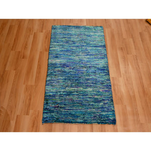 2'x3' Vivid Blue With Mix Of Teal, Plain Solid Design, Hand Knotted, Pure Sari Silk, Mat, Oriental Rug FWR456618