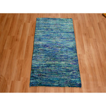 Load image into Gallery viewer, 2&#39;x3&#39; Vivid Blue With Mix Of Teal, Plain Solid Design, Hand Knotted, Pure Sari Silk, Mat, Oriental Rug FWR456618