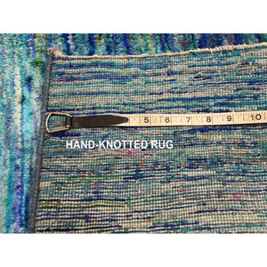 2'x3' Vivid Blue With Mix Of Teal, Plain Solid Design, Hand Knotted, Pure Sari Silk, Mat, Oriental Rug FWR456618