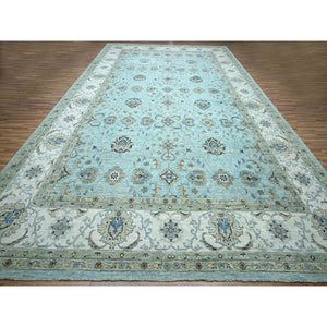 12'x18'1" Crystal Blue, Agra, Shah Abbas Flower Vines Design, Natural Dyes, Hand Knotted, Luxurious Wool, Denser Weave, Oversized, Oriental Rug FWR456636