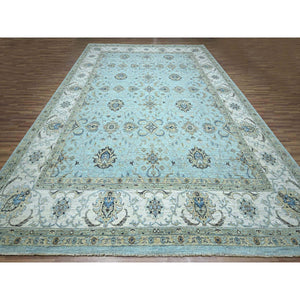 12'2"x15'3" Sapphire Blue, Agra, Shah Abbas Flower Vines Design, Vegetable Dyes, Hand Knotted, Pure Wool, Denser Weave, Oversized, Oriental Rug FWR456642