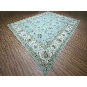 12'2"x15'3" Sapphire Blue, Agra, Shah Abbas Flower Vines Design, Vegetable Dyes, Hand Knotted, Pure Wool, Denser Weave, Oversized, Oriental Rug FWR456642