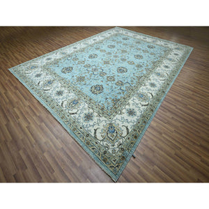 10'x13'10" Cerulean Blue, Hand Knotted, Agra, Shah Abbas Flower Vines Design, Natural Wool, Veggie Dyes, Denser Weave, Oriental Rug FWR456648