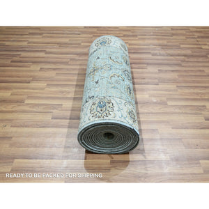 2'6"x25'7" Cerulean Blue, Pure Wool, Agra, Shah Abbas Flower Vines Design, Vegetable Dyes, Hand Knotted, Denser Weave, XL Runner, Oriental Rug FWR456672